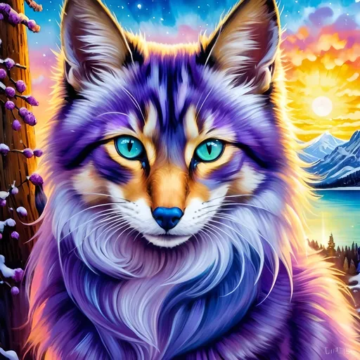 Prompt: portrait of a stunning beautiful cat with {lilac and mulberry fur} and {crisp ice blue eyes}, purple tortie cat, feral, quadruped, young tom cat, Warrior cats by Erin Hunter, gorgeous anime portrait, intense cartoon, beautiful 8k eyes, {pelt shines like the sun}, kitsune, nine-tailed fox, ice element, fine oil painting, Van gogh style, stunning, gorgeous, gazing at viewer, beaming eyes, lake shore sunrise, 64k, hyper detailed, expressive, clever, beautiful, thick silky mane, golden ratio, symmetric, accurate anatomy, precise, perfect proportions, vibrant, standing majestically on a tree, hyper detailed, complementary colors, UHD, HDR, top quality artwork, beautiful detailed background, unreal 5, artstaion, deviantart, instagram, professional, masterpiece