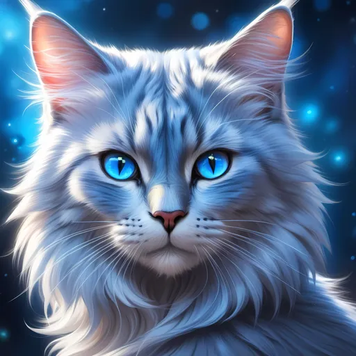 Prompt: warrior cat with {silver-blue fur} and {crystal blue eyes}, senior she-cat, Erin Hunter, gorgeous anime portrait, beautiful cartoon, 2d cartoon, beautiful 8k eyes, elegant {blue fur}, pronounced scar on chest, fine oil painting, modest, gazing at viewer, beaming blue eyes, worm's eye view, zoomed out view of character, 64k, hyper detailed, expressive, timid, graceful, beautiful, expansive silky mane, golden ratio, precise, perfect proportions, vibrant, standing majestically on a tall stone, hyper detailed, complementary colors, UHD, HDR, top quality artwork, beautiful detailed background, unreal 5, artstaion, deviantart, instagram, professional, masterpiece