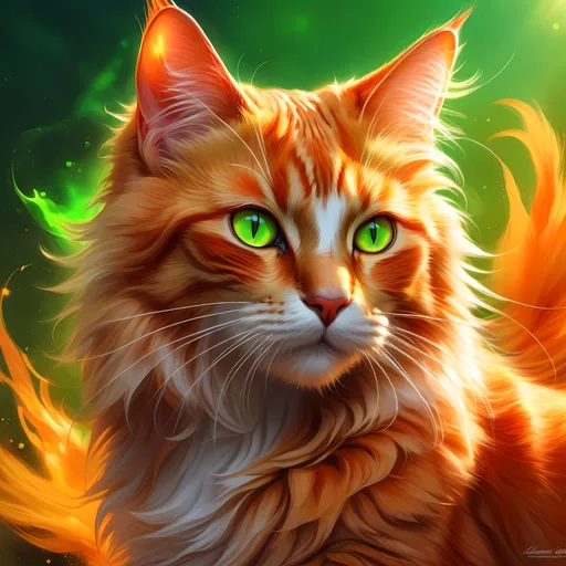 Prompt: warrior cat with {fiery orange fur} and bright green eyes, young male cat, epic anime portrait, beautiful 8k eyes, fine oil painting, intense, lunging at viewer, wearing shiny bracelet, solid red belly, worm's eye view, zoomed out view of character,  (unsheathed claws), visible claws, 64k, hyper detailed, expressive, intense, hissing cat, aggressive, intelligent, lithe, small, covered in scratches and scars, thick billowing mane, glistening golden fur, golden ratio, precise, perfect proportions, vibrant, prowling by a sun-bathed river, hyper detailed, dynamic, complementary colors, UHD, HDR, top quality artwork, beautiful detailed background, unreal 5, artstaion, deviantart, instagram, professional, masterpiece