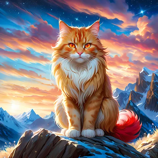 Prompt: warrior (cat) with {red fur} and {ruby red eyes}, feral cat, by Erin Hunter, gorgeous anime portrait, beautiful cartoon, beautiful 8k eyes, elegant {red fur}, pronounced scar on chest, oil painting, modest, gazing at viewer, fiery red eyes, glistening golden fur, low angle view, 64k, hyper detailed, expressive, graceful, beautiful, small lithe cat, expansive silky golden mane, shining fur, deep starry sky, UHD background, golden ratio, precise, perfect proportions, vibrant colors, standing majestically on a tall crystal stone, hyper detailed, complementary colors, UHD, HDR, top quality art, beautiful detailed background, unreal 5, artstaion, deviantart, instagram, professional, masterpiece