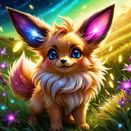 Prompt: (best quality: 1.5), (high quality:1.5), (intricate detail: 1.5), painting of an insanely beautiful magical Eevee, furry, fuzzy, happy, jubilant, magical, fairy dust, twinkling, bright colors, sparkling fur, shimmering, glistening, fairy dust in fur, dancing, running through a field, glistening golden fur, sparkling eyes, cute fangs, cute, vivid colors, vibrant colors, up close, close up, auroras, aurora halo, surreal, UHD, horizontal background, professional shading, 3D painting, ultra realistic fur, depth, running toward viewer, insanely detailed background, detailed fantasy style, insanely detailed fur, ultra detailed illustration, immaculate fur, fantasy, flying, professional digital painting, expressive face, beautiful eyes, 8k eyes, artstation, deviantart, Anne Stokes, trending, hyper detailed, stunning, breathtaking, beautiful, graceful, ethereal, enchanting, enchanted grassland, sparkling fireflies, breezy summer night, starry sky, 8k, 16k, 64k, unreal engine, perfect pose, golden ratio, symmetric, perfect proportions