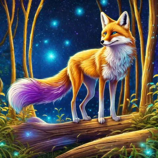 Prompt: cyan blue fox, cartoon, 2D, hyper detailed, drawing, colored pencils, anime purple eyes, bushy tail, intense anime pose, energetic smile, cell shading, vector art, energetic, anime background, milky way view, fireflies, UHD, masterpiece, cheerful, perfect composition, perfect proportions, golden ratio, complementary colors, cinematic, complex art, complex background, peaceful