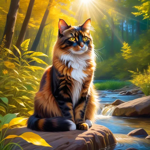 Prompt: warrior cat with {dark tortoiseshell fur} and bright {yellow eyes}, small young beautiful she-cat, epic anime portrait, beautiful 8k eyes, fine oil painting, serene, gazing at viewer, wearing shiny bracelet, lush fantasy forest, surrounded by herbs, 64k, hyper detailed, expressive, intelligent, small, smooth silky fur, thick silky mane, glistening golden fur, golden ratio, precise, perfect proportions, vibrant, sitting by a sun-bathed river, hyper detailed, dynamic, complementary colors, UHD, HDR, top quality artwork, beautiful detailed background, unreal 5, artstaion, deviantart, instagram, professional, masterpiece