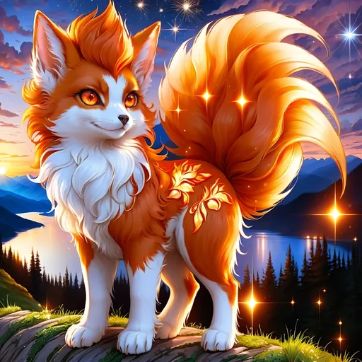 Prompt: (best quality:1.5), (high quality:1.5), (masterpiece:1.5), stunning beautiful 2D anime portrait of (fire Vulpix) with (gleaming bright auburn fur:2) and (sparkling brown eyes:2), close up, dazzling eyes, crystalline glossy dazzling white fur, feral, glassy dazzling tails, sparkling fur highlights, huge beautiful sparkling eyes, many tails, surreal, incredibly detailed fur highlights, multiple tails, Pokemon anime, incredibly detailed Vulpix face, six distinct lush tails, fire element, fiery maw, Vulpix tails, beautiful defined detailed paws, gorgeous anime portrait, magic fur highlights, visible tails, beautiful tails, extremely smooth fur texture, beautiful 8k eyes, kitsune, layers of incredibly detailed mountains, wild, nature, close up with sparkling eyes in sharp focus, magical, ethereal, enchanted, highly detailed face, fine anime painting, fire element, stunning, cute, curious, majestic, {coils of long curly silky hair on forehead}, raised tails, gorgeous, gazing at viewer, {long silky tails}, beaming eyes, curious eyes, lake shore sunrise, perfect reflection, shimmering, beautifully defined legs, beautiful detailed defined shading, french curves, professional shading, sharply focused clouds, highly detailed jagged mountain vista, brilliant sunrise sky, (horizontal background), 64k, hyper detailed, expressive, beautiful, {golden ratio}, symmetric, accurate anatomy, precise, perfect proportions, vibrant, standing majestically on a mountain, hyper detailed, complementary colors, UHD, HDR, top quality artwork, beautiful detailed background, unreal 5, artstaion, deviantart, instagram, professional, 16k