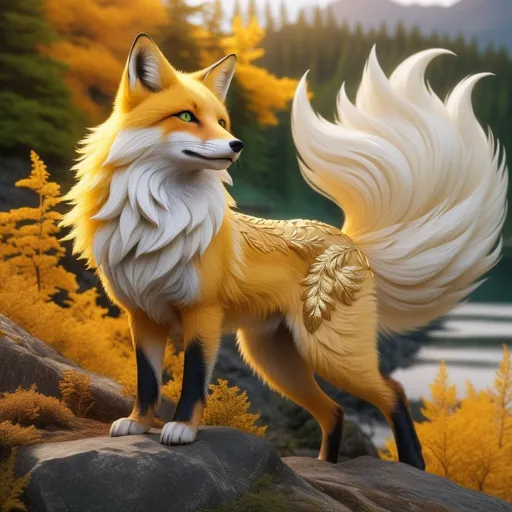 Prompt: beautiful bright gold fox champion with yellow fur and {forest green eyes}, kitsune, feral fox, nine-tailed fox, brawny, fierce, fire element, plant element, close up, detailed background, lush lakeside mountains background, highly detailed, accurate anatomy, highly detailed face