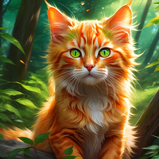 Prompt: warrior kitten with {fiery orange fur} and bright green eyes, young male fire cat, epic anime portrait, beautiful 8k eyes, fine oil painting, intense, lunging at viewer, wearing shiny bracelet, solid red belly, lush fantasy forest, zoomed out view of character,  (unsheathed claws), visible claws, 64k, hyper detailed, expressive, intense, hissing cat, aggressive, intelligent, lithe, small, covered in scratches and scars, thick billowing mane, glistening golden fur, golden ratio, precise, perfect proportions, vibrant, prowling by a sun-bathed river, hyper detailed, dynamic, complementary colors, UHD, HDR, top quality artwork, beautiful detailed background, unreal 5, artstaion, deviantart, instagram, professional, masterpiece