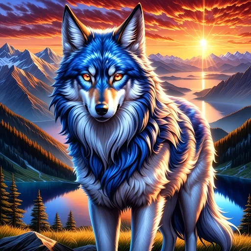 Prompt: (best quality:1.5), (high quality:1.5), (masterpiece:1.5), stunning beautiful blue anime wolf with {cobalt blue fur} and {sunset orange eyes}, feral wolf, huge beautiful sparkling eyes, nine-tailed wolf, nine fluffy silver tails, blue nose, feral, kitsune tails, quadruped, alpha male, gorgeous anime portrait, intense cartoon, beautiful 8k eyes, kitsune, close up, up close, layers of incredibly detailed mountains, wild, nature, incredibly detailed fur, highly detailed face, water element, detailed fine fur, fine oil painting, stunning, fierce, majestic, intimidating, gorgeous, gazing at viewer, beaming eyes, well-defined figure, lake shore sunrise, perfect reflection, shimmering, beautifully defined legs, beautiful detailed defined shading, professional shading, sharply focused red clouds, Anne Stokes, highly detailed jagged mountain vista, brilliant sunrise on purple sky, (horizontal background), 64k, hyper detailed, expressive, beautiful, thick silky mane, golden ratio, symmetric, accurate anatomy, precise, perfect proportions, vibrant, standing majestically on a mountain, hyper detailed, complementary colors, UHD, HDR, top quality artwork, beautiful detailed background, unreal 5, artstaion, deviantart, instagram, professional