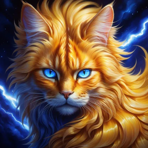 Prompt: Gold cat warrior, {glistening golden fur}, gleaming intense (deep sapphire blue eyes:1.5), electricity, lightning element, bright colors, feral, detailed artwork, beautiful oil painting, 64k, epic rpg portrait, zoomed out view of character, detailed background, by Erin Hunter, sunshine river, brilliant auroras, brilliant golden sunrise, hyper detailed, depth, rich shading, beautiful dark muzzle, beautiful 8k eyes, brave, fluffy, plump, vivid colors, thick fluffy fur, glowing fiery aura, thick billowing mane, bright fluffy cheeks, intricately detailed fur, beautiful detailed eyes, by Anne Stokes, golden ratio, perfect proportions, vibrant, hyper detailed, complementary colors, UHD, ultra detailed, beautiful detailed background