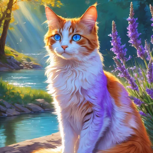 Prompt: warrior cat with {lavender fur} and {crystal blue eyes}, young female cat, gorgeous anime portrait, beautiful 8k eyes, elegant {colorful lavender fur}, fine oil painting, modest, gazing at viewer, worm's eye view, frosted flowers, zoomed out view of character, wears a bracelet, 64k, hyper detailed, expressive, timid, graceful, beautiful, expansive silky mane, golden ratio, precise, perfect proportions, vibrant, tanning by a sun-bathed river, hyper detailed, complementary colors, UHD, HDR, top quality artwork, beautiful detailed background, unreal 5, artstaion, deviantart, instagram, professional, masterpiece