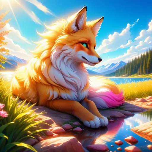 Prompt: beautiful young golden fox prodigy with (white-gold fur) and glowing {ruby pink eyes}, {sky blue paws and ears, curly blue hair}, feral, epic anime portrait, close up, sunny colors, brilliant sunrise, beautiful 8k eyes, light fluffy clouds, lush verdant greenery, close up, fine oil painting, low angle view, soft HD fur, (unsheathed claws), visible claws, 64k, hyper detailed, expressive, energetic, vibrant, fluffy mane, petite, deep blue sky, colorful stones, glistening golden fur, bashful rosy cheeks, sprawled at a lake shore, golden ratio, precise, perfect proportions, vibrant colors, vivid colors, lying by a sun-bathed lake, hyper detailed, complementary colors, UHD, HDR, top quality artwork, beautiful detailed background, unreal 5, artstaion, deviantart, instagram, professional, masterpiece