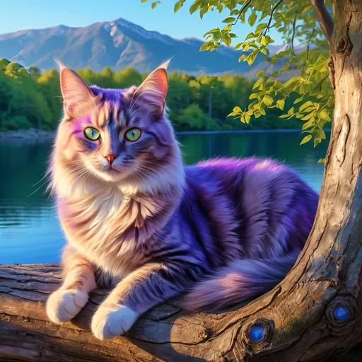 Prompt: portrait of a stunning beautiful cat with {lilac and mulberry fur} and {crisp ice blue eyes}, purple tortie cat, feral, quadruped, young tom cat, Warrior cats by Erin Hunter, gorgeous anime portrait, intense cartoon, beautiful 8k eyes, {pelt shines like the sun}, kitsune, nine-tailed fox, ice element, fine oil painting, Van gogh style, stunning, gorgeous, gazing at viewer, beaming eyes, lake shore sunrise, 64k, hyper detailed, expressive, clever, beautiful, thick silky mane, golden ratio, symmetric, accurate anatomy, precise, perfect proportions, vibrant, standing majestically on a tree, hyper detailed, complementary colors, UHD, HDR, top quality artwork, beautiful detailed background, unreal 5, artstaion, deviantart, instagram, professional, masterpiece