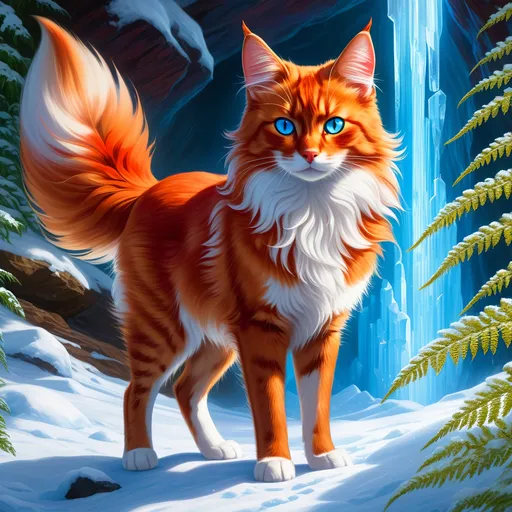 Prompt: warrior cat with {shiny red fur} and {crisp ice blue eyes}, feral, quadruped, young she-cat, by Erin Hunter, gorgeous anime portrait, intense cartoon, beautiful 8k eyes, elegant {scarlet and garnet fur}, {pelt looks like a vixen fox}, fine oil painting, stunning, gorgeous, back view, gazing at viewer, beaming blue eyes, looking back, rear view, looking over shoulder, glistening scarlet fur, draped in ferns, snowstorm, ice element, 64k, hyper detailed, expressive, witty, graceful, beautiful, expansive silky mane, crystal mountain cave, secluded crystal river, golden ratio, precise, perfect proportions, vibrant, standing majestically on a tall crystal stone, hyper detailed, complementary colors, UHD, HDR, top quality artwork, beautiful detailed background, unreal 5, artstaion, deviantart, instagram, professional, masterpiece