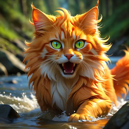 Prompt: warrior cat with {fiery orange fur} and bright green eyes, young male cat, Firestar, epic anime portrait, beautiful 8k eyes, fine oil painting, intense, lunging at viewer, wearing shiny bracelet, solid red belly, worm's eye view, zoomed out view of character,  (unsheathed claws), visible claws, 64k, hyper detailed, expressive, intense, aggressive, intelligent, lithe, small, covered in scratches and scars, thick billowing mane, glistening golden fur, golden ratio, precise, perfect proportions, vibrant, prowling by a sun-bathed river, hyper detailed, dynamic, complementary colors, UHD, HDR, top quality artwork, beautiful detailed background, unreal 5, artstaion, deviantart, instagram, professional, masterpiece