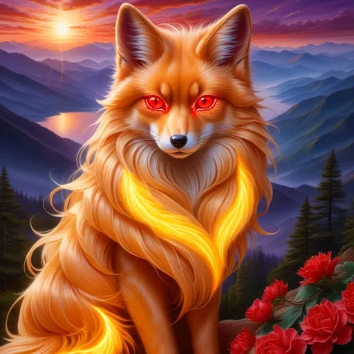 Prompt: (best quality:1.5), (high quality:1.5), (masterpiece:1.5), stunning beautiful Ninetales with (gleaming gold fur:2) and (glowing red eyes:2), sparkling fur highlights, huge beautiful sparkling eyes, nine-tailed fox, many tails, multiple tails, six amber tails, feral, fire element, fiery maw, kitsune tails, beautiful defined detailed paws, quadruped, gorgeous anime portrait, intense cartoon, tall and slender, well defined figure, beautiful 8k eyes, kitsune, close up, up close, layers of incredibly detailed mountains, wild, nature, incredibly detailed fur, highly detailed face, water element, detailed fine fur, fine oil painting, stunning, finely  detailed fur, fierce, majestic, long silky hair, intimidating, gorgeous, gazing at viewer, beaming eyes, glowered eyes, well-defined figure, beautiful defined figure, lake shore sunrise, perfect reflection, shimmering, beautifully defined legs, beautiful detailed defined shading, long ribbon-like hair on forehead, french curves, professional shading, long flowing hair on crest, sharply focused red clouds, Anne Stokes, highly detailed jagged mountain vista, brilliant sunrise on purple sky, (horizontal background), 64k, hyper detailed, expressive, beautiful, thick silky mane, golden ratio, symmetric, accurate anatomy, precise, perfect proportions, vibrant, standing majestically on a mountain, hyper detailed, complementary colors, UHD, HDR, top quality artwork, beautiful detailed background, unreal 5, artstaion, deviantart, instagram, professional