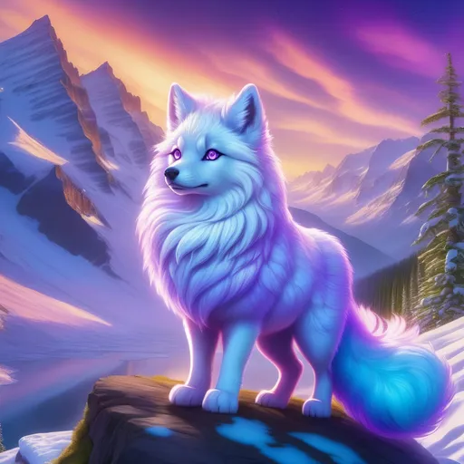 Prompt: {Alolan Vulpix}, Alaskan wolf, ice element, detailed artwork, epic photograph, 64k, 3D, detailed background, beautiful auroras, lush cliffside, snowy mountain peaks, snowy silky lilac fur, brilliant night sky, gleaming hypnotic purple eyes, mischievous, pleasant, cinematic, vivid colors, glowing ice aura, thick billowing mane, intricately detailed fur, beautiful detailed eyes, golden ratio, perfect proportions, vibrant, hyper detailed, complementary colors, UHD, beautiful detailed background, intricate detail, intricate facial detail, highly detailed background, realistic fur, photorealistic fur