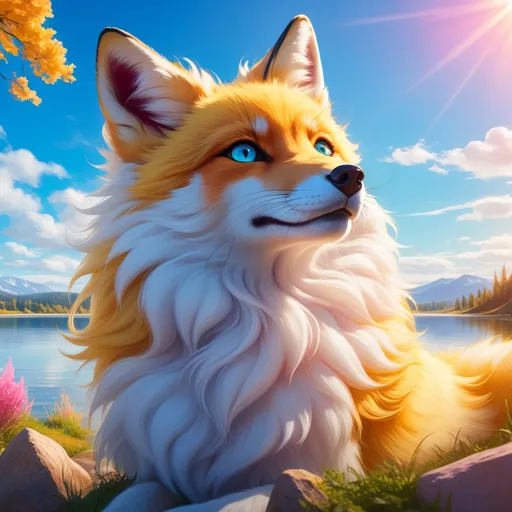 Prompt: beautiful young golden fox prodigy with (white-gold fur) and glowing {ruby pink eyes}, {sky blue paws and ears, curly blue hair}, feral, epic anime portrait, close up, sunny colors, brilliant sunrise, beautiful 8k eyes, light fluffy clouds, lush verdant greenery, close up, fine oil painting, low angle view, soft HD fur, (unsheathed claws), visible claws, 64k, hyper detailed, expressive, energetic, vibrant, fluffy mane, deep blue sky, colorful stones, glistening golden fur, sprawled at a lake shore, golden ratio, precise, perfect proportions, vibrant colors, vivid colors, lying by a sun-bathed lake, hyper detailed, complementary colors, UHD, HDR, top quality artwork, beautiful detailed background, unreal 5, artstaion, deviantart, instagram, professional, masterpiece