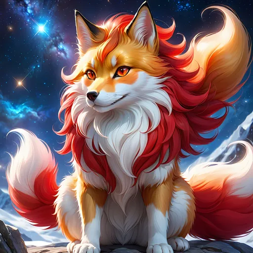 Prompt: warrior (fox) with {bright red fur} and {ruby red eyes}, feral fox, kitsune, nine-tailed fox, gorgeous anime portrait, beautiful cartoon, beautiful 8k eyes, elegant {red fur}, four-legged, quadruped, pronounced scar on chest, oil painting, modest, gazing at viewer, fiery red eyes, glistening golden hair, furry golden paws, low angle view, 64k, hyper detailed, expressive, graceful, beautiful, small lithe cat, expansive silky golden mane, shining fur, deep starry sky, UHD background, golden ratio, precise, perfect proportions, vibrant colors, standing majestically on a tall crystal stone, hyper detailed, complementary colors, UHD, HDR, top quality art, beautiful detailed background, unreal 5, artstaion, deviantart, instagram, professional, masterpiece