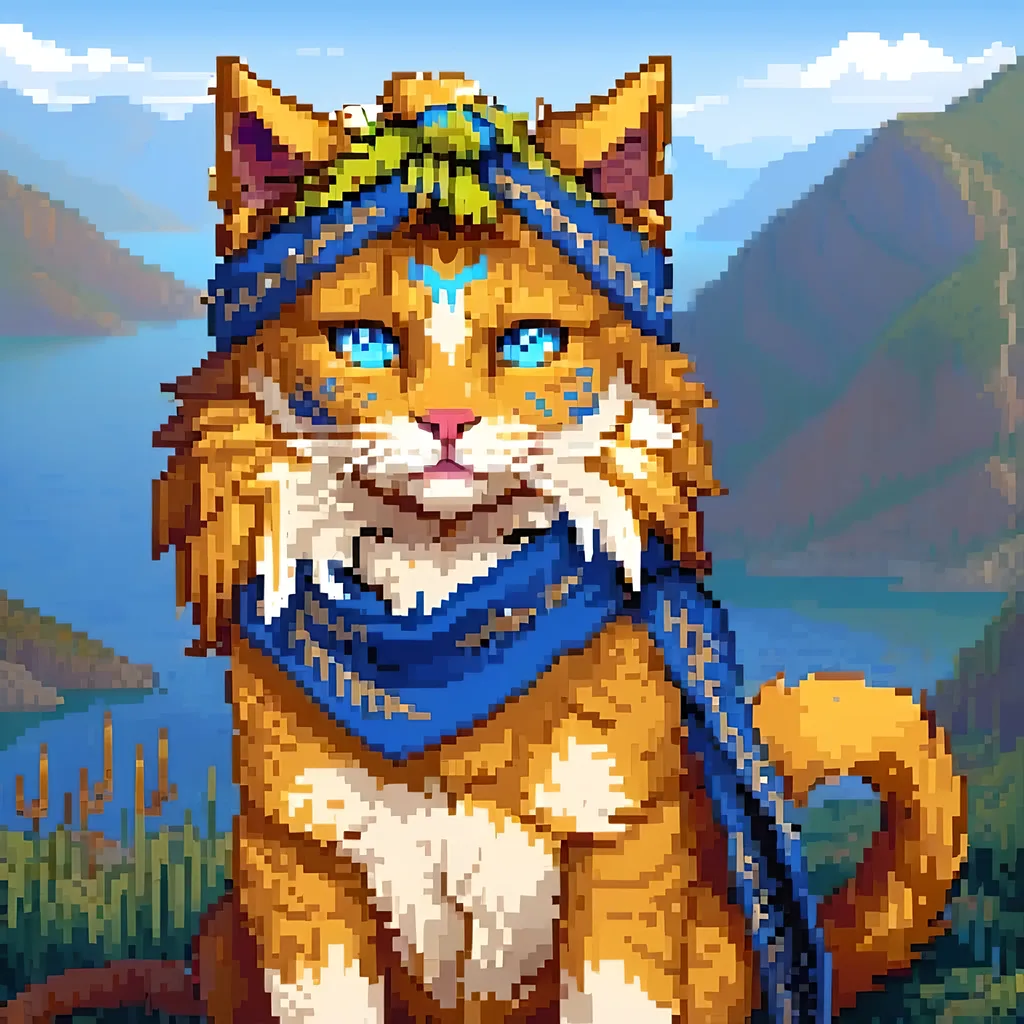 Prompt: beautiful cat warrior with golden fur and blue eyes, feral cat, wearing blue scarf, detailed lakeside background, distant cliffs in background