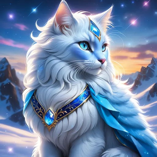 Prompt: warrior cat with {russian blue fur} and {crystal blue eyes}, senior she-cat, ice element, frost, Erin Hunter, gorgeous anime portrait, beautiful cartoon, 2d cartoon, beautiful 8k eyes, elegant {blue fur}, pronounced scar on chest, fine oil painting, modest, gazing at viewer, beaming blue eyes, glistening blue fur, low angle view, zoomed out view of character, 64k, hyper detailed, expressive, timid, graceful, beautiful, expansive silky mane, deep starry sky, golden ratio, precise, perfect proportions, vibrant, standing majestically on a tall crystal stone, hyper detailed, complementary colors, UHD, HDR, top quality artwork, beautiful detailed background, unreal 5, artstaion, deviantart, instagram, professional, masterpiece