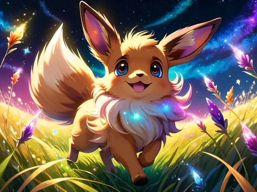 Prompt: (best quality: 1.5), (high quality:1.5), (intricate detail: 1.5), painting of an insanely beautiful magical Eevee, furry, fuzzy, happy, jubilant, magical, fairy dust, twinkling, bright colors, sparkling fur, fairy dust in fur, dancing, running through a field, cute, vivid colors, vibrant colors, auroras, aurora halo, surreal, UHD, horizontal background, professional shading, running toward viewer, insanely detailed background, insanely detailed fur, ultra detailed illustration, immaculate fur, fantasy, flying, professional digital painting, expressive face, beautiful eyes, 8k eyes, artstation, deviantart, trending, hyper detailed, stunning, breathtaking, beautiful, graceful, ethereal, enchanting, enchanted grassland, sparkling fireflies, breezy summer night, starry sky, 8k, 16k, 64k, unreal engine, perfect pose, golden ratio, symmetric, perfect proportions