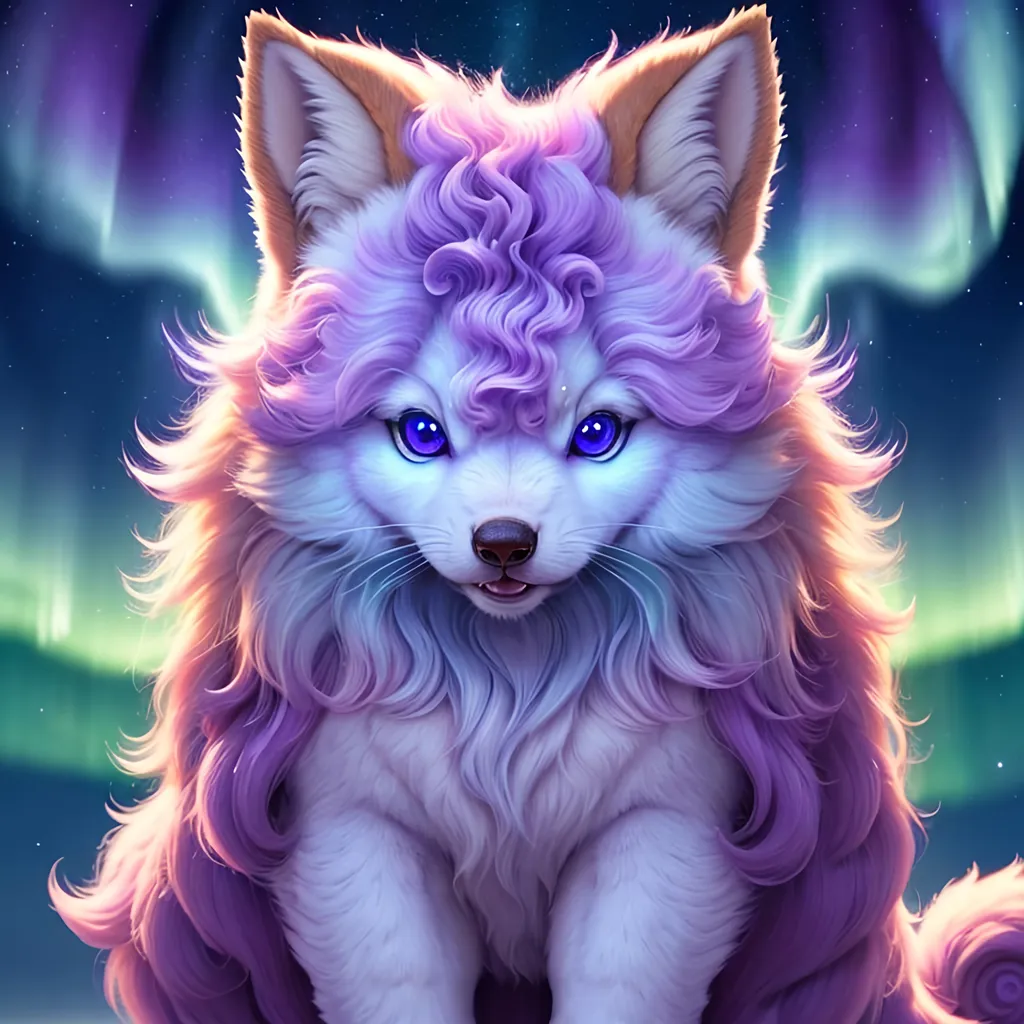 Prompt: {Alolan Vulpix}, growling, wolf, ice element, detailed artwork, portrait, 8k, detailed background, beautiful auroras, brilliant night sky, gleaming hypnotic purple eyes, mischievous, thick billowing mane, beautiful detailed eyes, golden ratio, perfect proportions, complementary colors, UHD