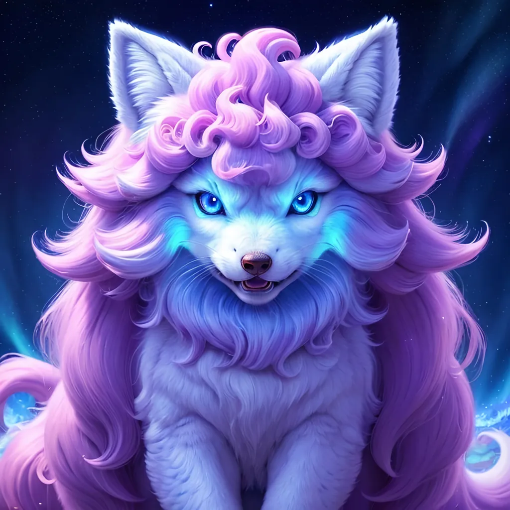 Prompt: {Alolan Vulpix}, growling, wolf, ice element, detailed artwork, portrait, 8k, detailed background, beautiful auroras, brilliant night sky, gleaming hypnotic purple eyes, mischievous, thick billowing mane, beautiful detailed eyes, golden ratio, perfect proportions, complementary colors, UHD