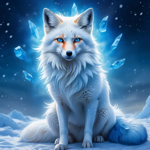 Prompt: ice elemental fox, feral fox, kitsune, nine-tailed fox, cool blue fur, dark blue eyes, soft moonlight, blue muzzle, elder vixen, plump, gazing at viewer, stunning, enchanting, confident, falling snow, shattered ice, frosted blue fur, vivid, vibrantm UHD, HDR, three-quarter portrait, detailed watercolor style on soft paper, sharp focus, masterpiece, cool colors, artstation, instagram, trending