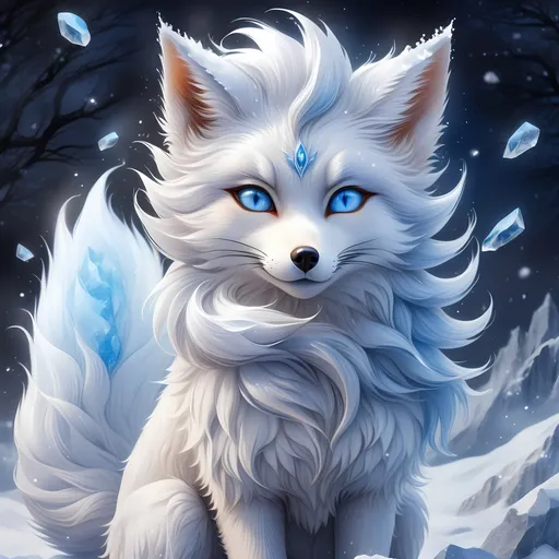Prompt: ice elemental fox, feral fox, kitsune, nine-tailed fox, cool blue fur, dark blue eyes, soft moonlight, elder vixen, plump, gazing at viewer, stunning, enchanting, confident, falling snow, shattered ice, frosted blue fur, vivid, vibrantm UHD, HDR, three-quarter portrait, detailed watercolor style on soft paper, masterpiece