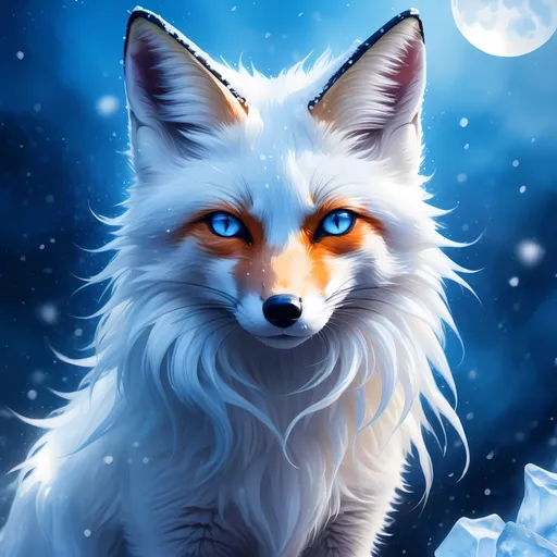 Prompt: ice elemental fox, feral fox, kitsune, nine-tailed fox, cool blue fur, dark blue eyes, soft moonlight, blue muzzle, elder vixen, plump, gazing at viewer, stunning, enchanting, confident, falling snow, shattered ice, frosted blue fur, vivid, vibrantm UHD, HDR, three-quarter portrait, detailed watercolor style on soft paper, sharp focus, masterpiece, cool colors, artstation, instagram, trending