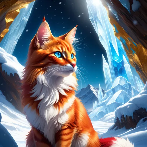 Prompt: warrior cat with {shiny red fur} and {ice blue eyes}, feral, quadruped, young she-cat, by Erin Hunter, gorgeous anime portrait, intense cartoon, beautiful 8k eyes, elegant {scarlet and garnet fur}, {pelt looks like a fox}, pronounced scar on chest, fine oil painting, stunning, gorgeous, gazing at viewer, beaming blue eyes, glistening golden fur, snowstorm, ice element, 64k, hyper detailed, expressive, witty, graceful, beautiful, expansive silky mane, crystal mountain cave, golden ratio, precise, perfect proportions, vibrant, standing majestically on a tall crystal stone, hyper detailed, complementary colors, UHD, HDR, top quality artwork, beautiful detailed background, unreal 5, artstaion, deviantart, instagram, professional, masterpiece