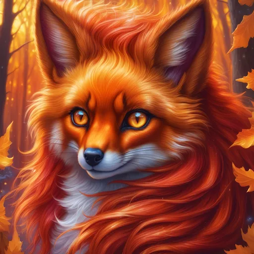 Prompt: {Vulpix}, gleaming hypnotic {garnet brown eyes}, flame, fire element, feral, frost, detailed artwork, beautiful oil painting, 64k, detailed background, aspen leaves, deep starry sky, lush cliffside, brilliant sunrise sky, big golden ears, beautiful dark muzzle, big beautiful 8k eyes, mischievous, vivid colors, thick fluffy fur, glowing fiery aura, fire princess, bashful rosy cheeks, timid, bright rosy cheeks, thick billowing mane, intricately detailed fur, beautiful detailed eyes, , by Anne Stokes, golden ratio, perfect proportions, vibrant, hyper detailed, complementary colors, UHD, beautiful detailed background