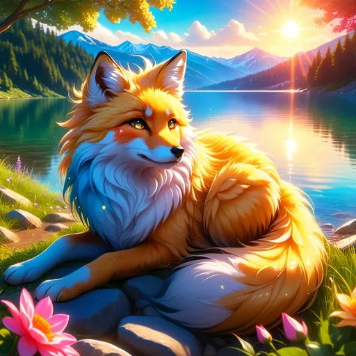 Prompt: beautiful young golden fox prodigy with (white-gold fur) and glowing {ruby pink eyes}, {sky blue paws and ears, curly blue hair}, feral, epic anime portrait, close up, sunny colors, brilliant sunrise, beautiful 8k eyes, light fluffy clouds, lush verdant greenery, close up, fine oil painting, low angle view, soft HD fur, (unsheathed claws), visible claws, 64k, hyper detailed, expressive, energetic, vibrant, fluffy mane, petite, deep blue sky, colorful stones, glistening golden fur, sprawled at a lake shore, golden ratio, precise, perfect proportions, vibrant colors, vivid colors, lying by a sun-bathed lake, hyper detailed, complementary colors, UHD, HDR, top quality artwork, beautiful detailed background, unreal 5, artstaion, deviantart, instagram, professional, masterpiece