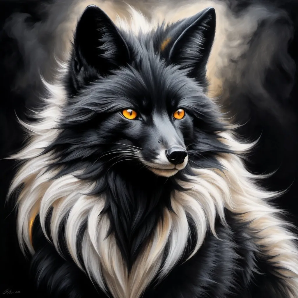 Prompt: painting of a large powerful male black fox champion with 8 tails, jet black and white fur, brilliant and beautiful 8k amber eyes, feral, charcoal fur, charcoal drawing, oil painting, Fire and ice, soft fluffy mane, golden ratio, symmetric, expressive, up close, intense, intricate detailed fur, highly detailed fur