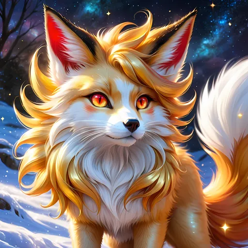 Prompt: warrior (fox) with {bright gold fur} and {ruby red eyes}, feral fox, kitsune, nine-tailed fox, gorgeous anime portrait, beautiful cartoon, beautiful 8k eyes, elegant {red fur}, four-legged, quadruped, pronounced scar on chest, oil painting, modest, gazing at viewer, fiery red eyes, glistening golden hair, furry golden paws, low angle view, 64k, hyper detailed, expressive, graceful, beautiful, small lithe cat, expansive silky golden mane, shining fur, deep starry sky, UHD background, golden ratio, precise, perfect proportions, vibrant colors, standing majestically on a tall crystal stone, hyper detailed, complementary colors, UHD, HDR, top quality art, beautiful detailed background, unreal 5, artstaion, deviantart, instagram, professional, masterpiece