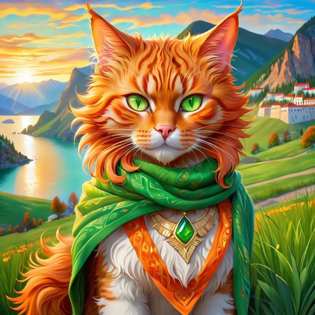 Prompt: detailed painting of a beautiful cat warrior with fiery ginger fur and bright green eyes, feral cat, wearing golden scarf, detailed lakeside background, distant cliffs in background, UHD, highly detailed, trending. on artstation, brilliant sunset, inkpunk style, brilliant colors, vivid colors, bright orange fluffy pelt, depth, detailed shading