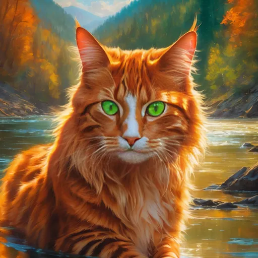 Prompt: warrior cat with {fiery orange fur} and bright green eyes, young male cat, epic anime portrait, beautiful 8k eyes, fine oil painting, intense, lunging at viewer, wearing shiny bracelet, worm's eye view, zoomed out view of character,  (unsheathed claws), visible claws, 64k, hyper detailed, expressive, intense, hissing cat, aggressive, intelligent, lithe, small, covered in scratches and scars, thick billowing mane, glistening golden fur, golden ratio, precise, perfect proportions, vibrant, prowling by a sun-bathed river, hyper detailed, dynamic, complementary colors, UHD, HDR, top quality artwork, beautiful detailed background, unreal 5, artstaion, deviantart, instagram, professional, masterpiece