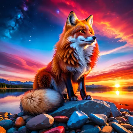 Prompt: young crimson fox prodigy with (solid crimson fur) and glowing {amber eyes}, feral, epic anime portrait, close up, fiery colors, brilliant sunrise, beautiful 8k eyes, deep starry sky, cosmic auroras, close up, fine oil painting, intense, low angle view, soft HD fur, frosted fur, (unsheathed claws), visible claws, 64k, hyper detailed, expressive, intense, elegant, graceful, silky extravagant mane, deep blue sky, colorful stones, glistening scarlet fur, sprawled at a lake shore, golden ratio, precise, perfect proportions, vibrant, lying by a sun-bathed lake, hyper detailed, complementary colors, UHD, HDR, top quality artwork, beautiful detailed background, unreal 5, artstaion, deviantart, instagram, professional, masterpiece