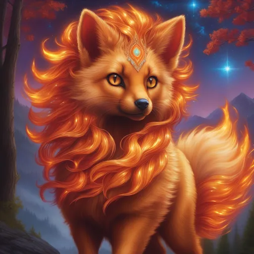 Prompt: {Vulpix}, gleaming hypnotic {garnet brown eyes}, flame, fire element, feral, frost, detailed artwork, beautiful oil painting, 64k, detailed background, aspen leaves, deep starry sky, lush cliffside, brilliant sunrise sky, big golden ears, big beautiful 8k eyes, mischievous, vivid colors, thick fluffy fur, glowing fiery aura, fire princess, bashful rosy cheeks, timid, bright rosy cheeks, thick billowing mane, intricately detailed fur, beautiful detailed eyes, , by Anne Stokes, golden ratio, perfect proportions, vibrant, hyper detailed, complementary colors, UHD, beautiful detailed background