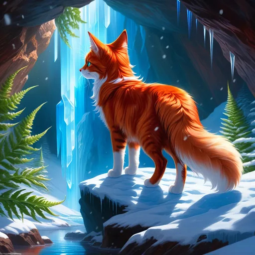 Prompt: warrior cat with {shiny red fur} and {crisp ice blue eyes}, feral, quadruped, young she-cat, by Erin Hunter, gorgeous anime portrait, intense cartoon, beautiful 8k eyes, elegant {scarlet and garnet fur}, {pelt looks like a vixen fox}, fine oil painting, stunning, gorgeous, back view, gazing at viewer, beaming blue eyes, looking back, rear view, looking over shoulder, glistening scarlet fur, draped in ferns, snowstorm, ice element, 64k, hyper detailed, expressive, witty, graceful, beautiful, expansive silky mane, crystal mountain cave, secluded crystal river, golden ratio, precise, perfect proportions, vibrant, standing majestically on a tall crystal stone, hyper detailed, complementary colors, UHD, HDR, top quality artwork, beautiful detailed background, unreal 5, artstaion, deviantart, instagram, professional, masterpiece