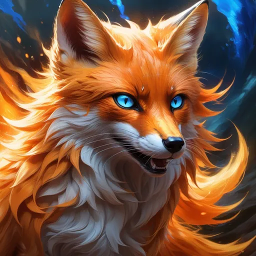 Prompt: warrior fox with {fiery orange fur} and bright blue eyes, young male fox, epic anime portrait, beautiful 8k eyes, fine oil painting, intense, lunging at viewer, wearing shiny bracelet, solid belly, low angle view, zoomed out view of character,  (unsheathed claws), visible claws, 64k, hyper detailed, expressive, intense, hissing cat, aggressive, intelligent, lithe, small, covered in scratches and scars, thick billowing mane, glistening golden fur, golden ratio, precise, perfect proportions, vibrant, prowling by a sun-bathed river, hyper detailed, dynamic, complementary colors, UHD, HDR, top quality artwork, beautiful detailed background, unreal 5, artstaion, deviantart, instagram, professional, masterpiece