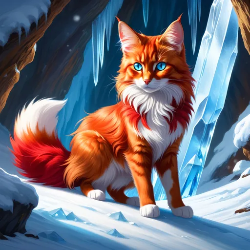 Prompt: warrior cat with {shiny red fur} and {ice blue eyes}, feral, quadruped, young she-cat, by Erin Hunter, gorgeous anime portrait, intense cartoon, beautiful 8k eyes, elegant {scarlet and garnet fur}, {pelt looks like a vixen fox}, fine oil painting, stunning, gorgeous, gazing at viewer, beaming blue eyes, glistening scarlet fur, snowstorm, ice element, 64k, hyper detailed, expressive, witty, graceful, beautiful, expansive silky mane, crystal mountain cave, golden ratio, precise, perfect proportions, vibrant, standing majestically on a tall crystal stone, hyper detailed, complementary colors, UHD, HDR, top quality artwork, beautiful detailed background, unreal 5, artstaion, deviantart, instagram, professional, masterpiece