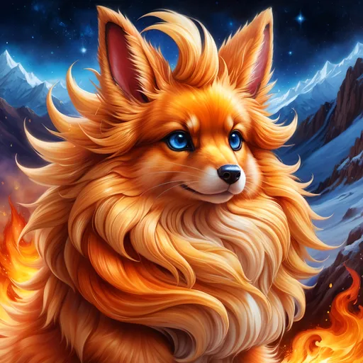 Prompt: {Flareon}, brilliant {blue eyes}, flame, fire element, feral, detailed artwork, beautiful oil painting, 64k, detailed background, snowy field, frost, deep starry sky, brilliant sunrise sky, big golden ears, beautiful dark muzzle, big beautiful 8k eyes, brave, vivid colors, thick fluffy fur, glowing fiery aura, thick billowing mane, intricately detailed fur, beautiful detailed eyes, , by Anne Stokes, golden ratio, perfect proportions, vibrant, hyper detailed, complementary colors, UHD, beautiful detailed background