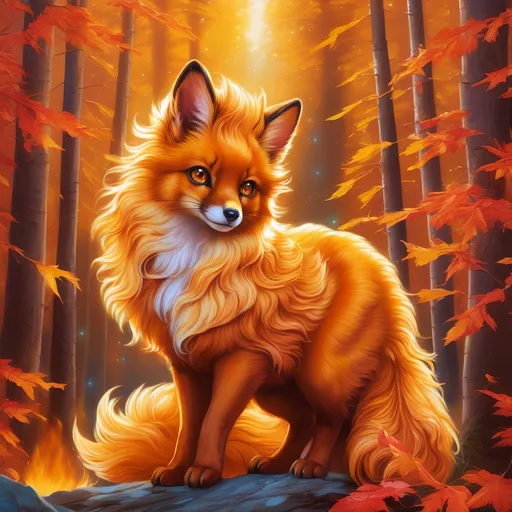 Prompt: {Vulpix}, gleaming hypnotic {chocolate brown eyes}, flame, fire element, feral, frost, detailed artwork, beautiful oil painting, 64k, detailed background, aspen leaves, deep starry sky, lush cliffside, brilliant sunrise sky, big golden ears, beautiful {golden brown muzzle}, luxurious {golden brown pelt}, big beautiful 8k eyes, mischievous, vivid colors, thick fluffy fur, glowing fiery aura, fire princess, bashful rosy cheeks, timid, bright rosy cheeks, thick billowing mane, intricately detailed fur, beautiful detailed eyes, , by Anne Stokes, golden ratio, perfect proportions, vibrant, hyper detailed, complementary colors, UHD, beautiful detailed background