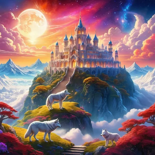 Prompt: professional landscape of an {enormous fantasy celestial palace} atop a mountain, above the clouds, golden skies, 64k, highly detailed, sharp focus, vibrant colors, bright enchanted fairytale garden, vivid colors, vast starry sky, UHD, vivid colors, guarded by {fierce glowing white wolves with red eyes}, highly detailed background