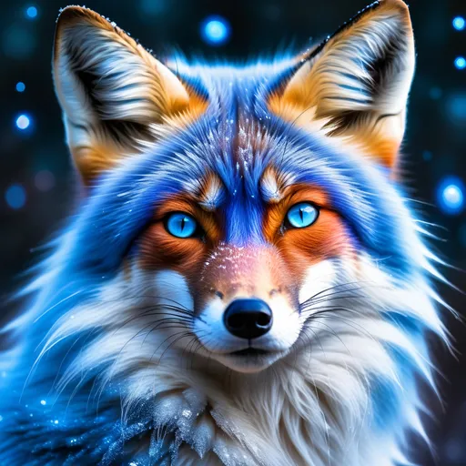 Prompt: portrait of a beautiful blue fox elder with (glistening blue fur) and glowing {sapphire blue eyes}, fine oil painting, feral fox, beautiful vixen kitsune, nine-tailed fox, sparkling frosted fur, (plump:1.5), ice element, epic anime portrait, three quarter portrait, gazing at viewer, icy colors, frost, brilliant night sky, beautiful 8k eyes, hyper detailed fur, icy white nose, deep starry sky, cosmic auroras, epic fantasy landscape, frost, intense, low angle view, soft HD fur, 64k, hyper detailed, symmetric, depth, detailed shading, highly detailed face, expressive, calm, cold, elegant, graceful, silky extravagant mane, silver fur highlights, deep {purple sky}, colorful stones, glistening blue hair, sprawled at a frosted lake shore, golden ratio, precise, perfect proportions, vibrant, hyper detailed, complementary colors, UHD, HDR, top quality artwork, beautiful detailed background, unreal 5, artstaion, deviantart, instagram, professional, masterpiece