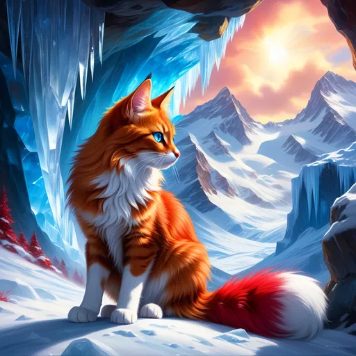 Prompt: warrior cat with {shiny red fur} and {ice blue eyes}, feral, quadruped, young she-cat, by Erin Hunter, gorgeous anime portrait, intense cartoon, beautiful 8k eyes, elegant {scarlet and garnet fur}, {pelt looks like a fox}, fine oil painting, stunning, gorgeous, gazing at viewer, beaming blue eyes, glistening scarlet fur, snowstorm, ice element, 64k, hyper detailed, expressive, witty, graceful, beautiful, expansive silky mane, crystal mountain cave, golden ratio, precise, perfect proportions, vibrant, standing majestically on a tall crystal stone, hyper detailed, complementary colors, UHD, HDR, top quality artwork, beautiful detailed background, unreal 5, artstaion, deviantart, instagram, professional, masterpiece