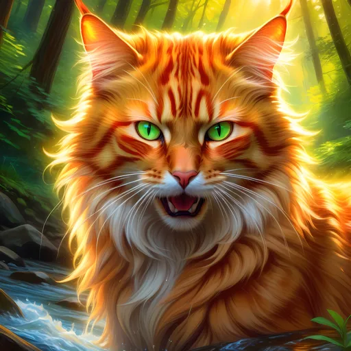 Prompt: warrior cat with {fiery orange fur} and bright {green eyes}, young male fire cat, epic anime portrait, beautiful 8k eyes, fine oil painting, intense, lunging at viewer, wearing shiny bracelet, solid red belly, lush fantasy forest, zoomed out view of character,  (unsheathed claws), visible claws, 64k, hyper detailed, expressive, intense, hissing cat, aggressive, intelligent, lithe, small, covered in scratches and scars, thick billowing mane, glistening golden fur, golden ratio, precise, perfect proportions, vibrant, prowling by a sun-bathed river, hyper detailed, dynamic, complementary colors, UHD, HDR, top quality artwork, beautiful detailed background, unreal 5, artstaion, deviantart, instagram, professional, masterpiece