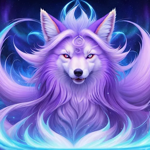 Prompt: {Alolan Ninetales}, growling, fox, white maned wolf, brilliant hypnotic purple eyes, silky lavender fur, ageless, lives for a thousand years, wise, extravagant silky mane, ice element, detailed artwork, portrait, 8k, global illumination, detailed background, auroras, brilliant night sky, mischievous, thick billowing mane, hyper realism, realistic, hyper realistic, dynamic, UHD, professional, studio quality, close up, mid close up, 64k, cinematic, rare, extravagant