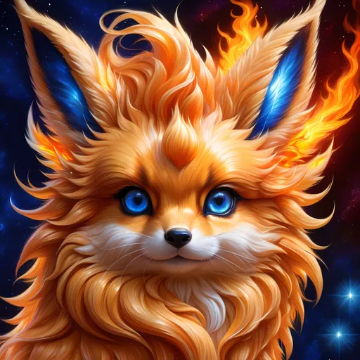 Prompt: Bronze {Flareon}, {copper fur}, gleaming intense (deep sapphire blue eyes:1.5), flame, fire element, fiery colors, feral, frost, detailed artwork, beautiful oil painting, 64k, detailed background, snowy lake, deep starry sky, lush cliffside, brilliant golden sunrise, big golden ears, beautiful dark muzzle, big beautiful 8k eyes, brave, fluffy, plump, vivid colors, thick fluffy fur, glowing fiery aura, thick billowing mane, bright fluffy cheeks, intricately detailed fur, beautiful detailed eyes, by Anne Stokes, golden ratio, perfect proportions, vibrant, hyper detailed, complementary colors, UHD, ultra detailed, beautiful detailed background