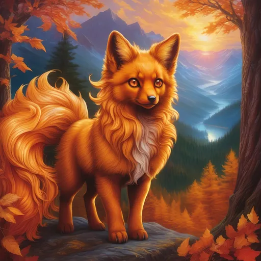 Prompt: {Vulpix}, gleaming hypnotic {chocolate brown eyes}, flame, fire element, feral, frost, detailed artwork, beautiful oil painting, 64k, detailed background, aspen leaves, deep starry sky, lush cliffside, brilliant sunrise sky, big golden ears, beautiful {golden brown muzzle}, luxurious {golden brown pelt}, big beautiful 8k eyes, mischievous, vivid colors, thick fluffy fur, glowing fiery aura, fire princess, bashful rosy cheeks, timid, bright rosy cheeks, thick billowing mane, intricately detailed fur, beautiful detailed eyes, , by Anne Stokes, golden ratio, perfect proportions, vibrant, hyper detailed, complementary colors, UHD, beautiful detailed background